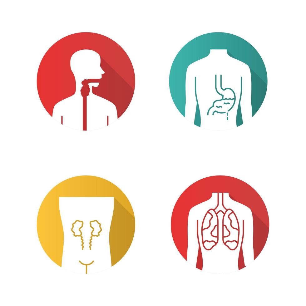 Set di icone del glifo con ombra lunga design piatto di organi umani malati. gola e stomaco malsani. reni e polmoni doloranti. parti interne del corpo malate. illustrazione della siluetta di vettore