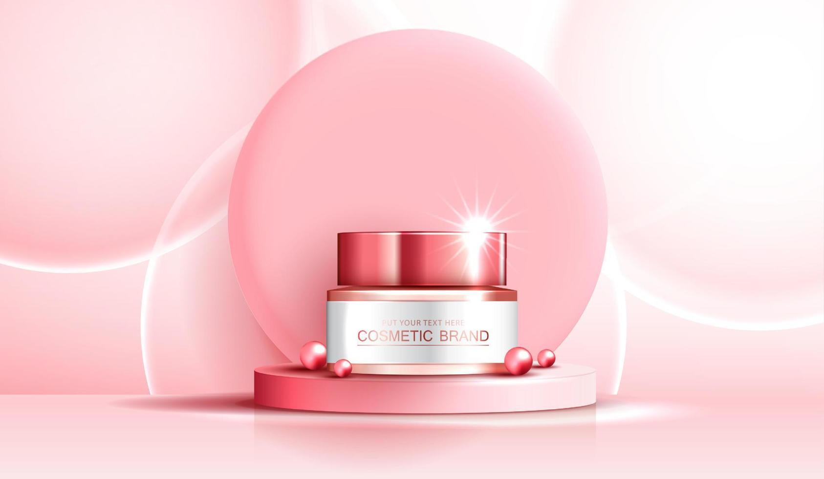 cosmetici spa o annunci di prodotti per la cura della pelle con bottiglia, banner pubblicitario per prodotti di bellezza, perla rosa e bolla su sfondo rosa effetto luce scintillante. disegno vettoriale