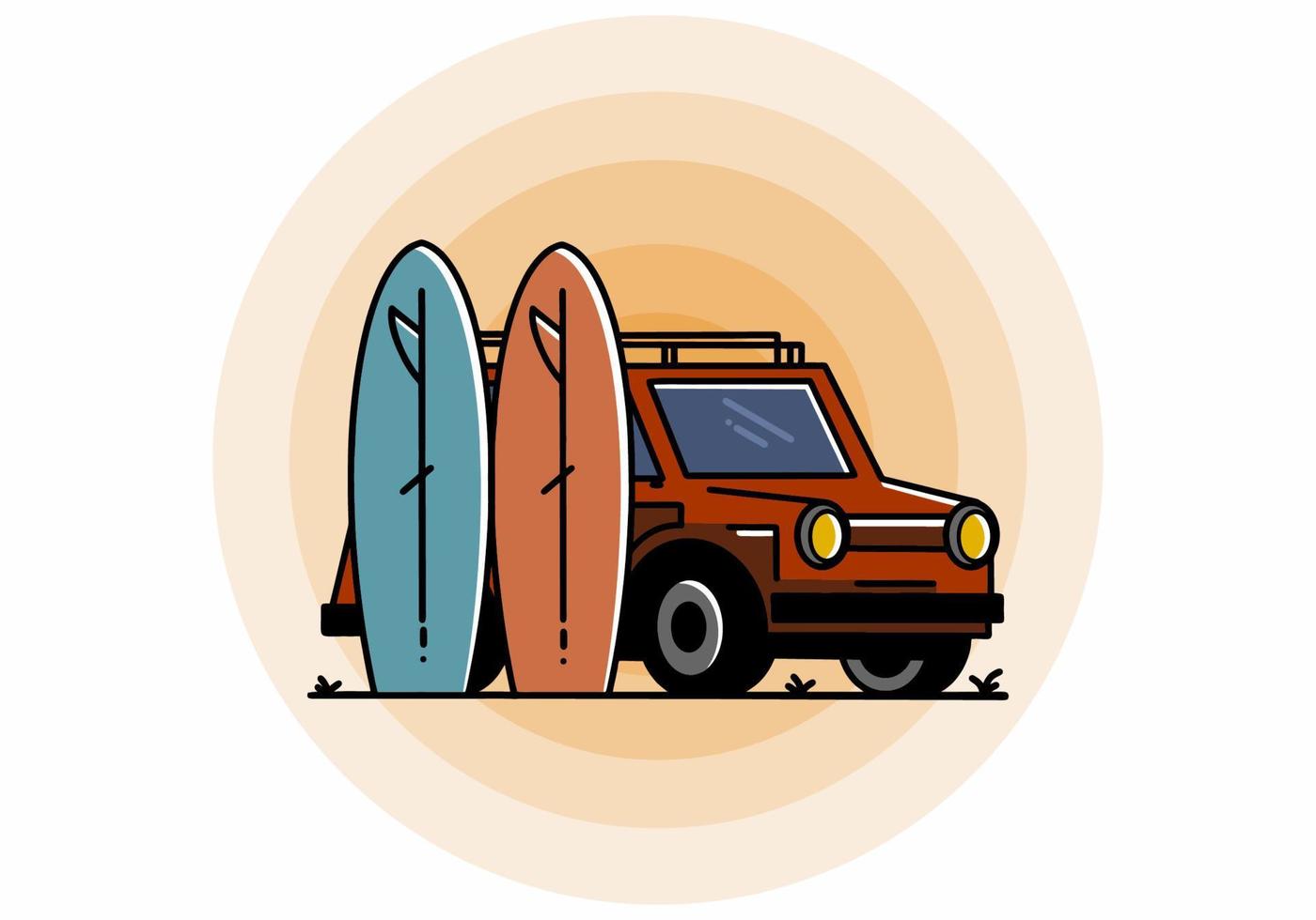 piccola automobile e due tavole da surf illustrazione vettore
