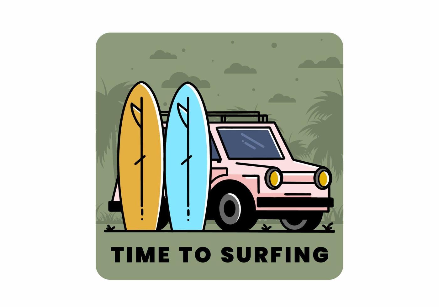 piccola automobile e due tavole da surf illustrazione vettore