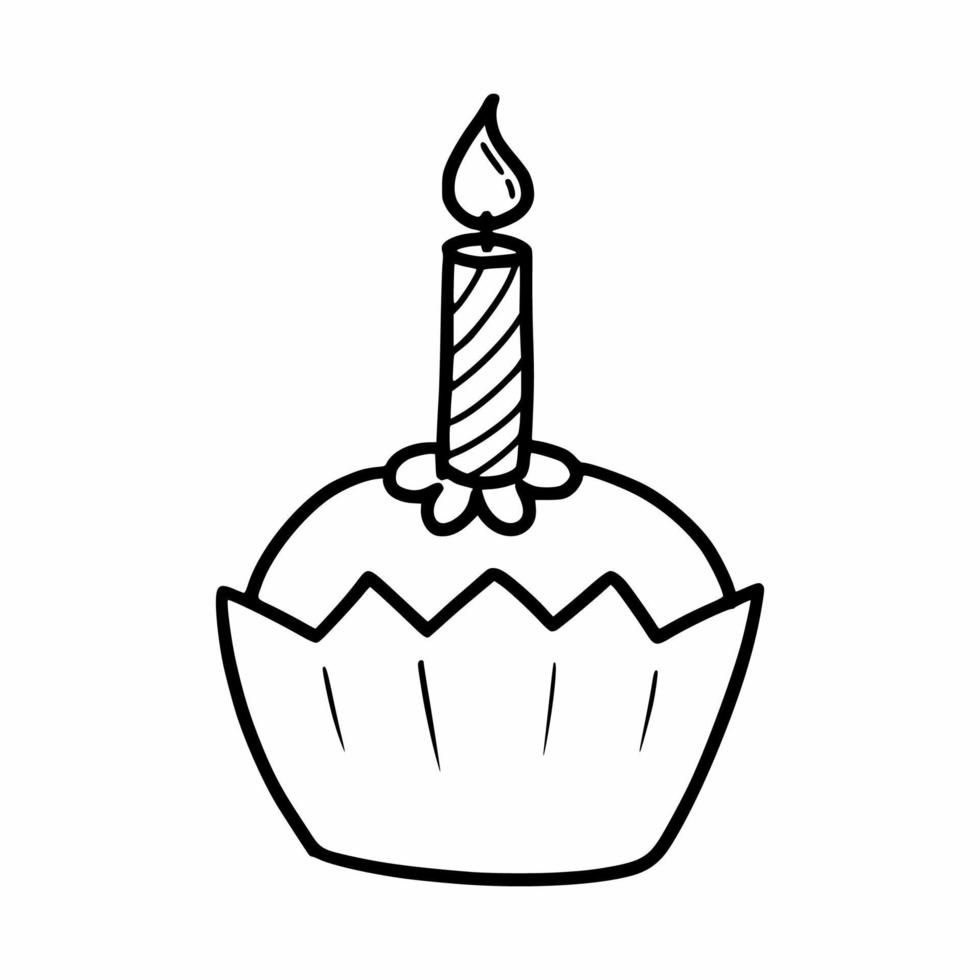 cupcake con le candele. torta di compleanno. illustrazione di doodle di vettore. vettore