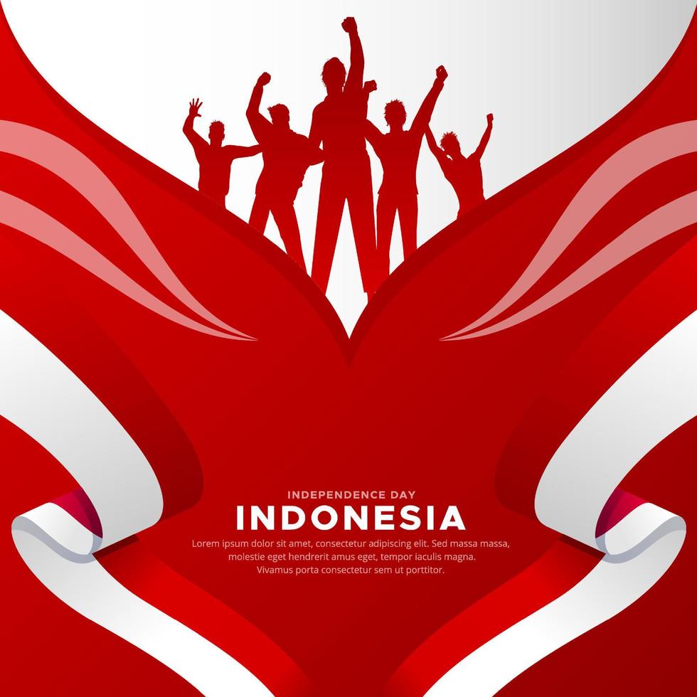 design moderno del giorno dell'indipendenza dell'indonesia con silhouette giovanile allegra e vettore di bandiera ondulata