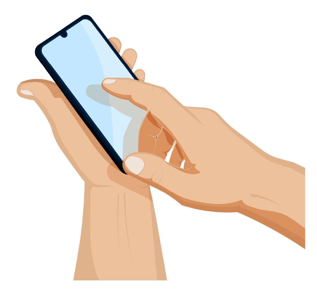 la mano dell'uomo tiene uno smartphone e preme un dito sul touch screen. utilizzando dispositivi intelligenti portatili, navigazione, comunicazione. vettore del fumetto su priorità bassa bianca