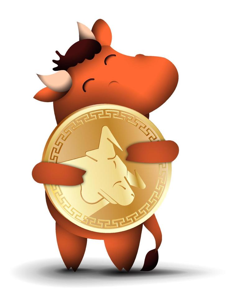 toro, bue il simbolo del nuovo anno 2021 con moneta d'oro in mano. buona fortuna, successo e ricchezza nel nuovo anno. talismano per soldi secondo il calendario cinese. vettore