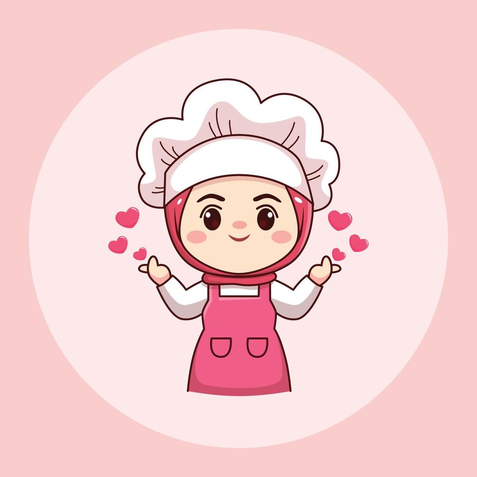 carino e kawaii hijab donna chef o fornaio con segno d'amore cartone animato manga chibi vettore personaggio design