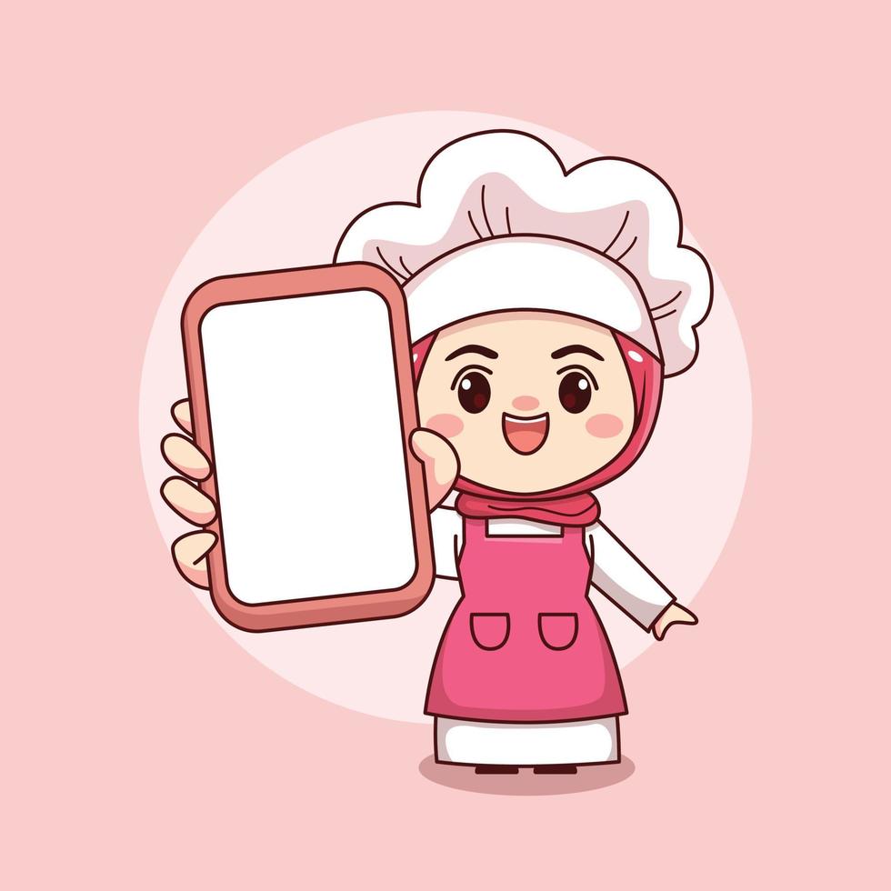 carino e kawaii hijab donna chef o fornaio che tiene telefono cartone animato manga chibi vettore personaggio design