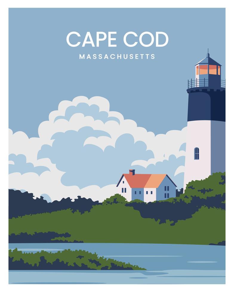 Cape Cod Massachusetts con l'illustrazione del manifesto del faro. vettore con stile minimalista per cartolina, stampa artistica, sfondo.