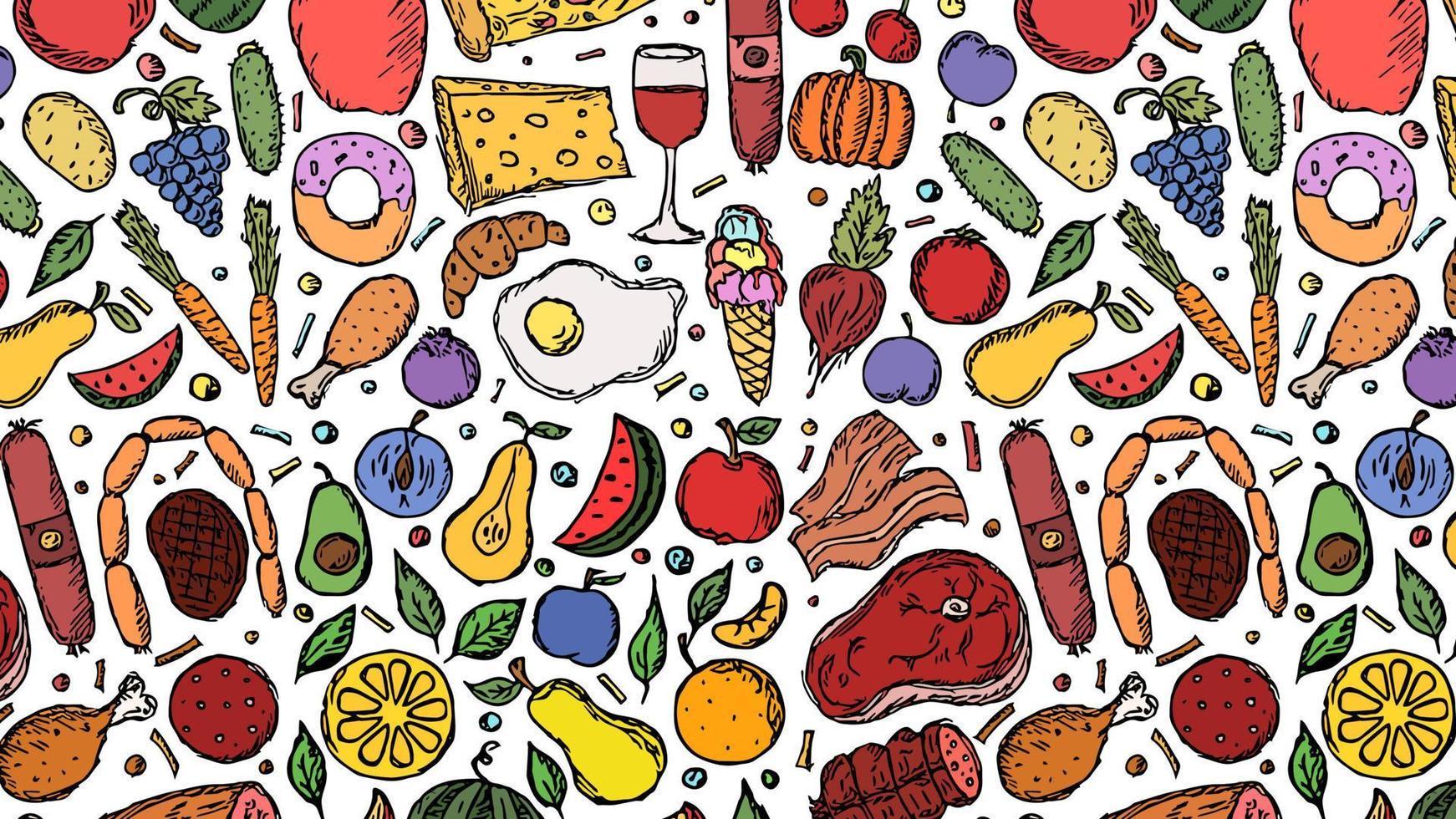 illustrazione orizzontale di sfondo alimentare con frutta, verdura e carne vettore