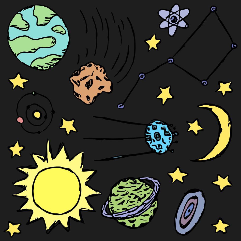 icone spaziali. sfondo del cosmo. doodle illustrazione dello spazio vettoriale con pianeti, cometa, stelle, luna, sole e buco nero