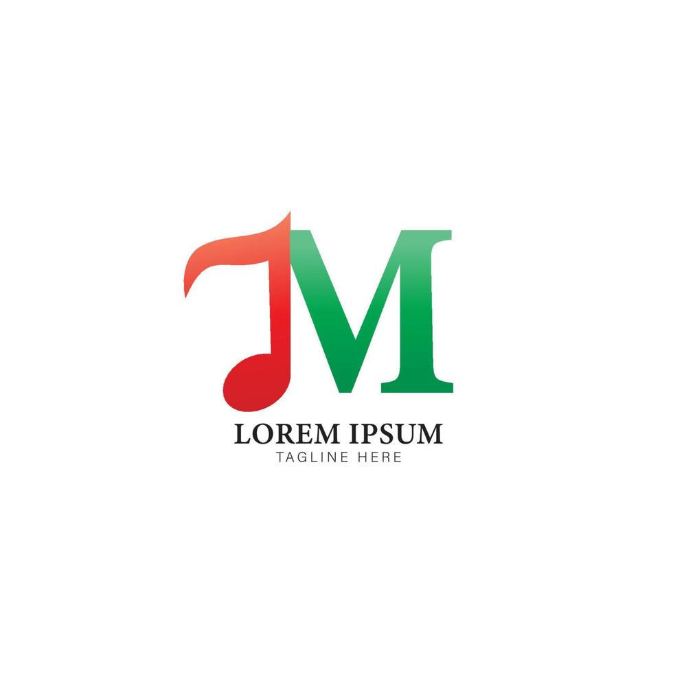 lettera m alfabeto musica logo design isolato su sfondo bianco. iniziale, nota musicale, croma, concetto di logo di ottavi. tema di colore arancione e verde. logotipo del segno della lettera monogramma. vettore