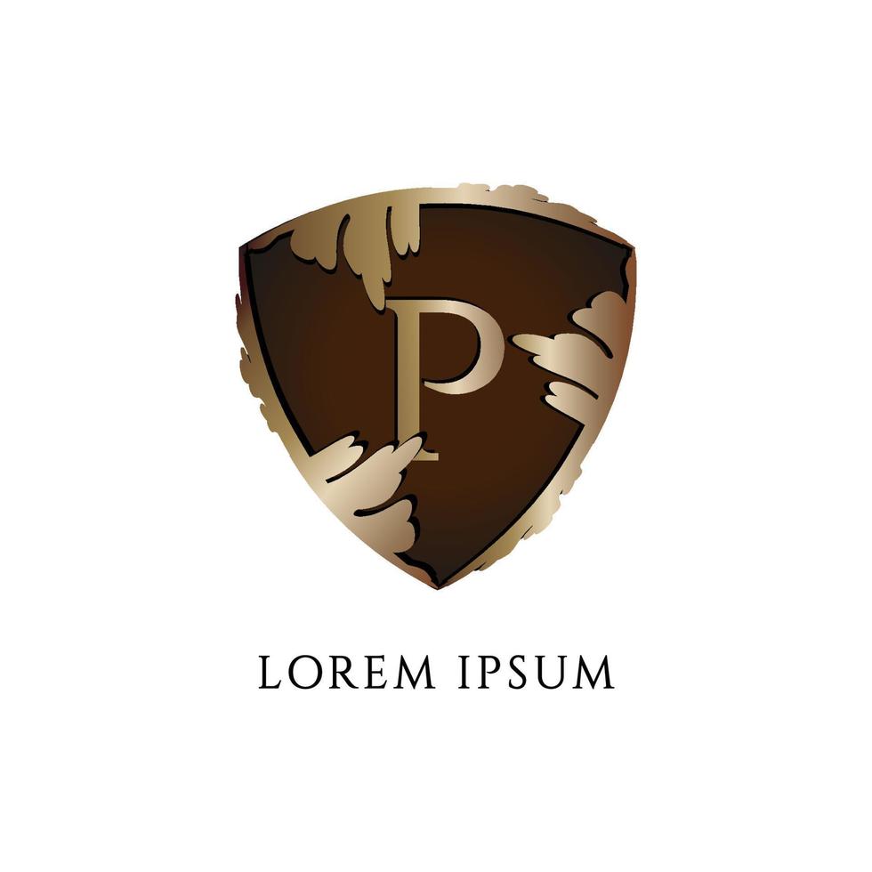 modello di progettazione del logo dell'alfabeto della lettera p. concetto iniziale di logo abjad isolato su sfondo bianco. illustrazione del segno dello scudo d'oro metallico decorativo di lusso. vettore