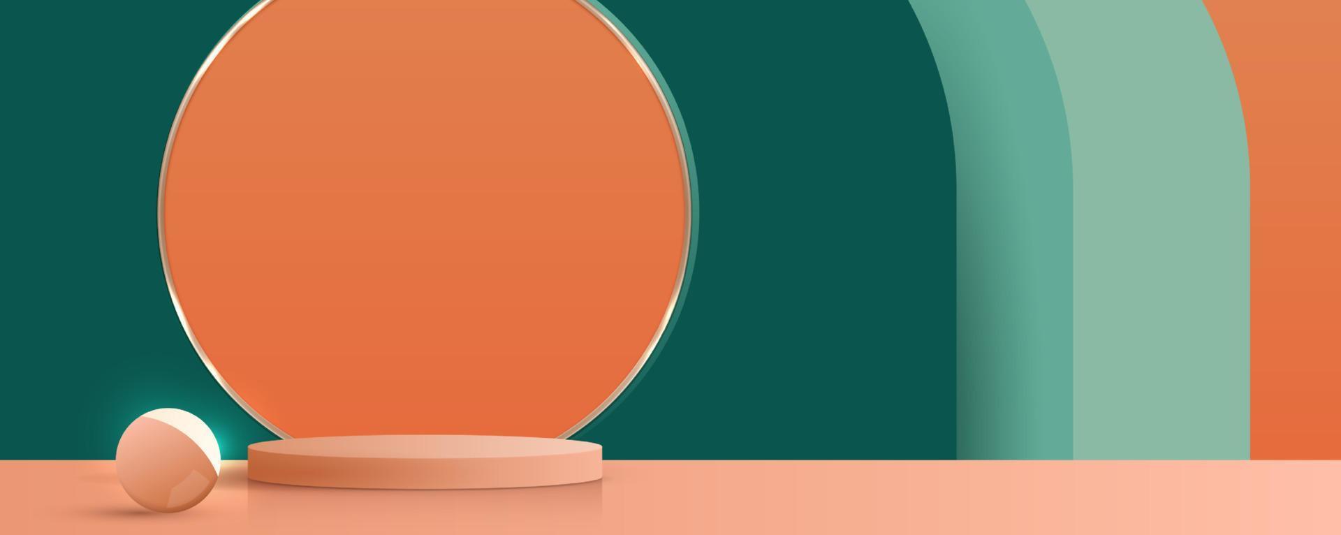 sfondo cosmetico verde e arancione e display del podio premium per il marchio e il confezionamento della presentazione del prodotto. scena vuota con luci sferiche. disegno vettoriale in studio