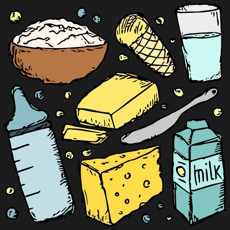 produzione di latte. illustrazione di doodle di vettore con l'icona dei prodotti lattiero-caseari. cibo a base di latte