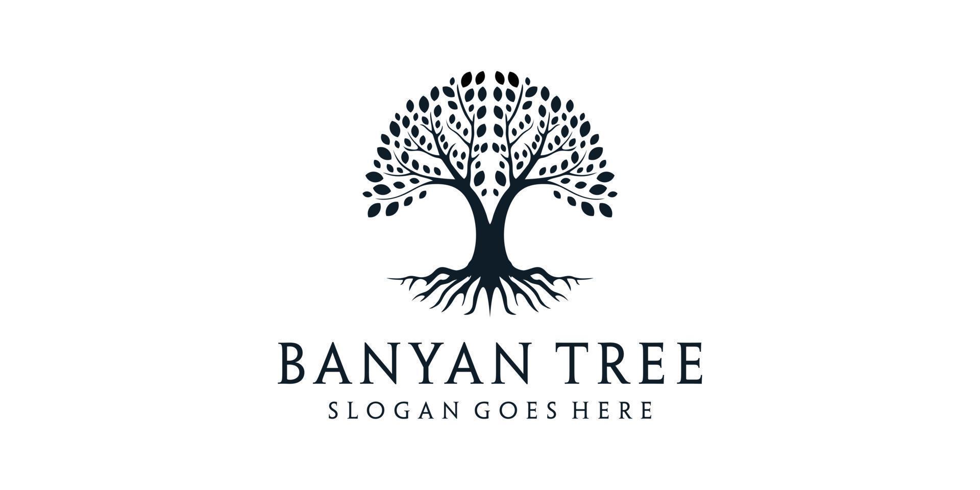 albero di banyan con radici natura silhouette logo design vettore