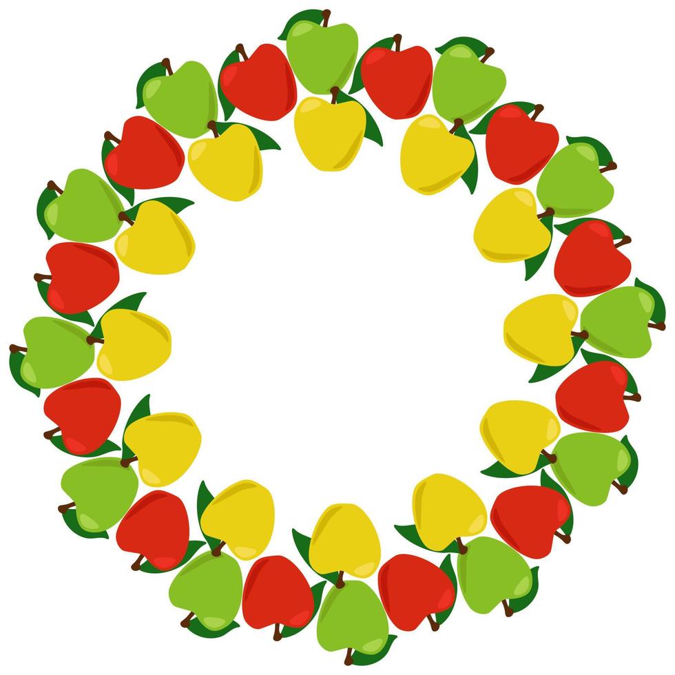 cornice rotonda di mele a tre colori, bordo di frutta fantasia per invito o design volantino vettore