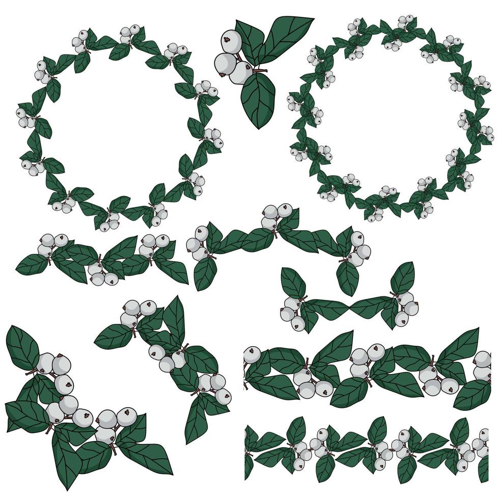 set di cornici, divisori, angoli e bordi da ramoscelli di snowberry con foglie verdi, elementi decorativi floreali per il design vettore