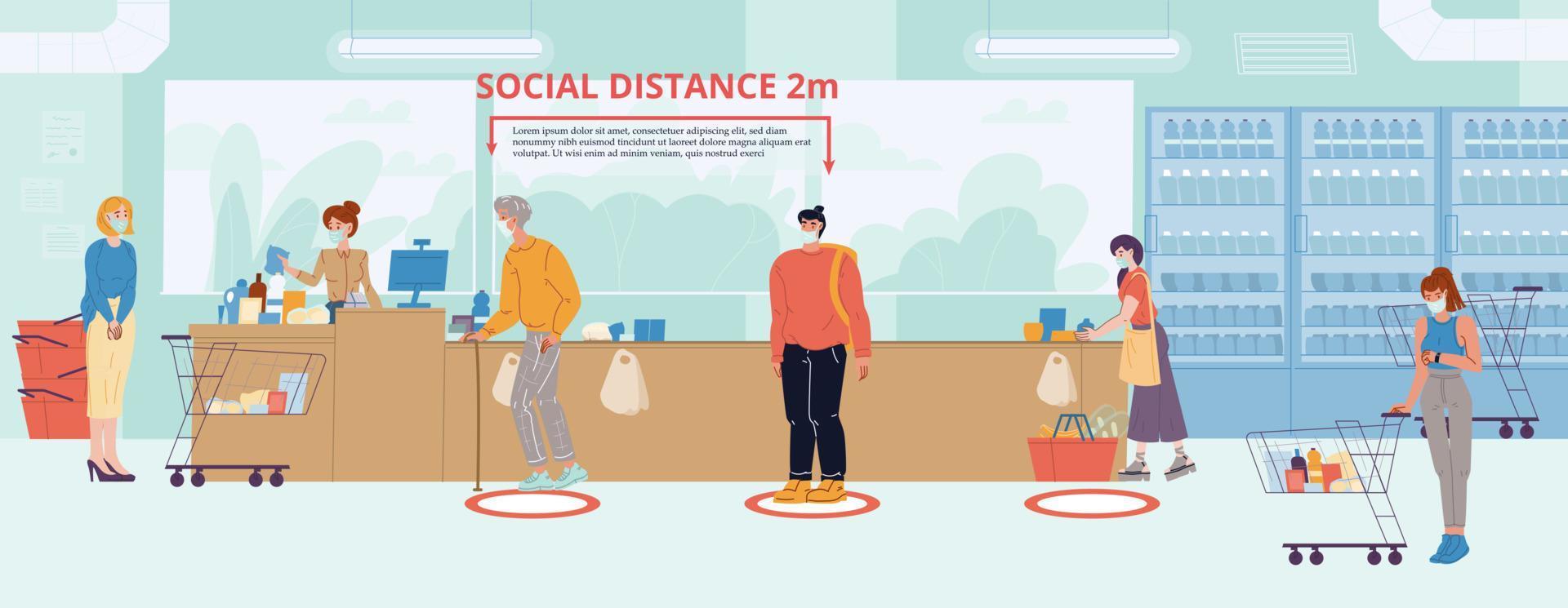le persone mantengono la distanza sociale alla cassa del negozio vettore