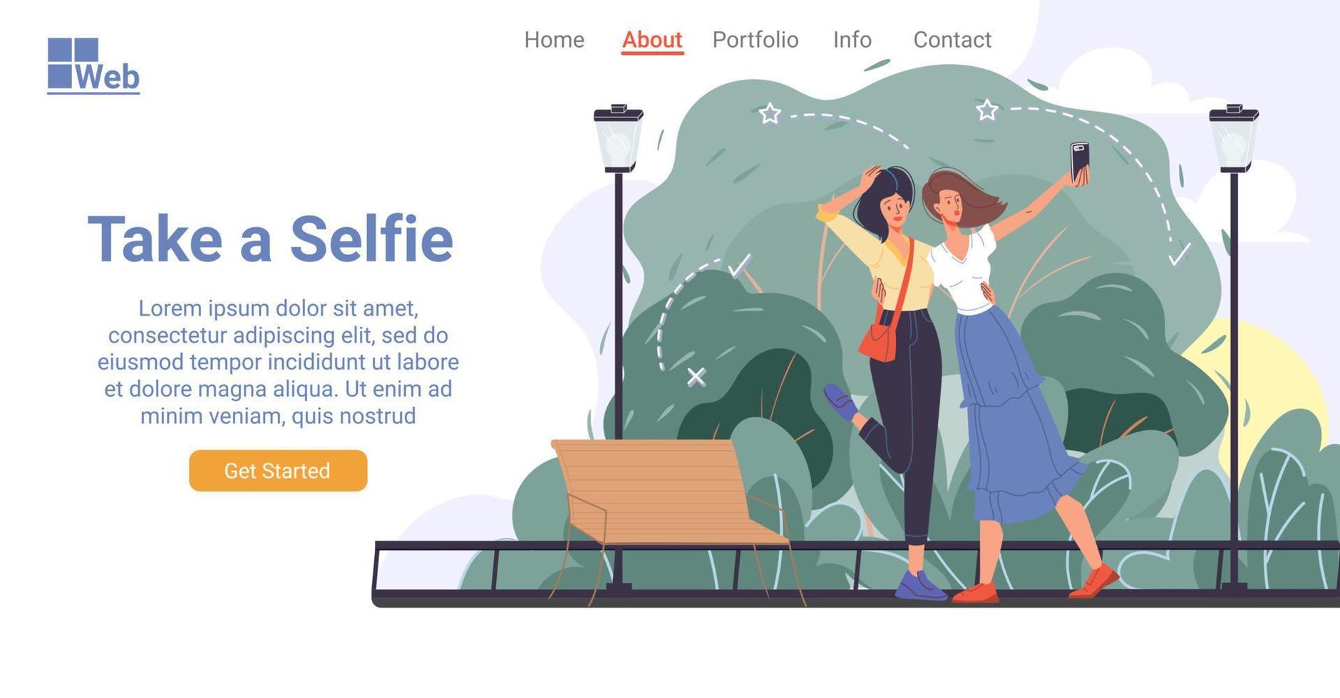 l'amica della donna felice prende il design della pagina di destinazione del selfie vettore