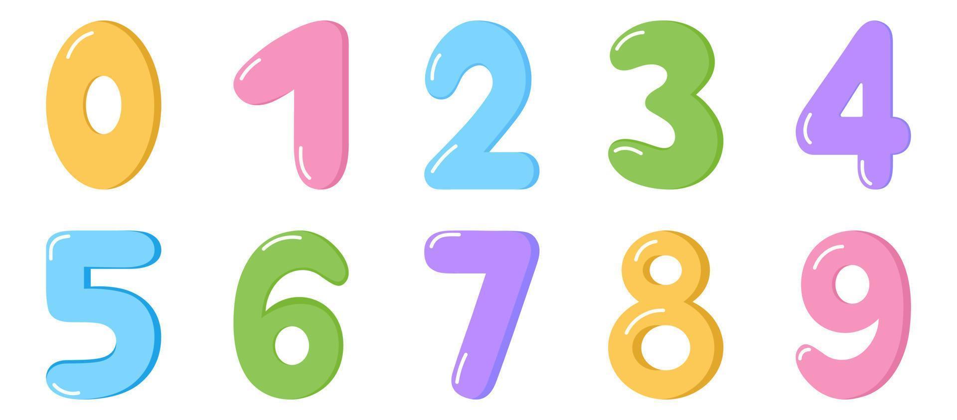 numeri di cartoni animati colorati impostati. numeri divertenti isolati per bambini su sfondo bianco. insieme di vettore delle icone del bambino di 1-9 cifre. simboli matematici della scuola.