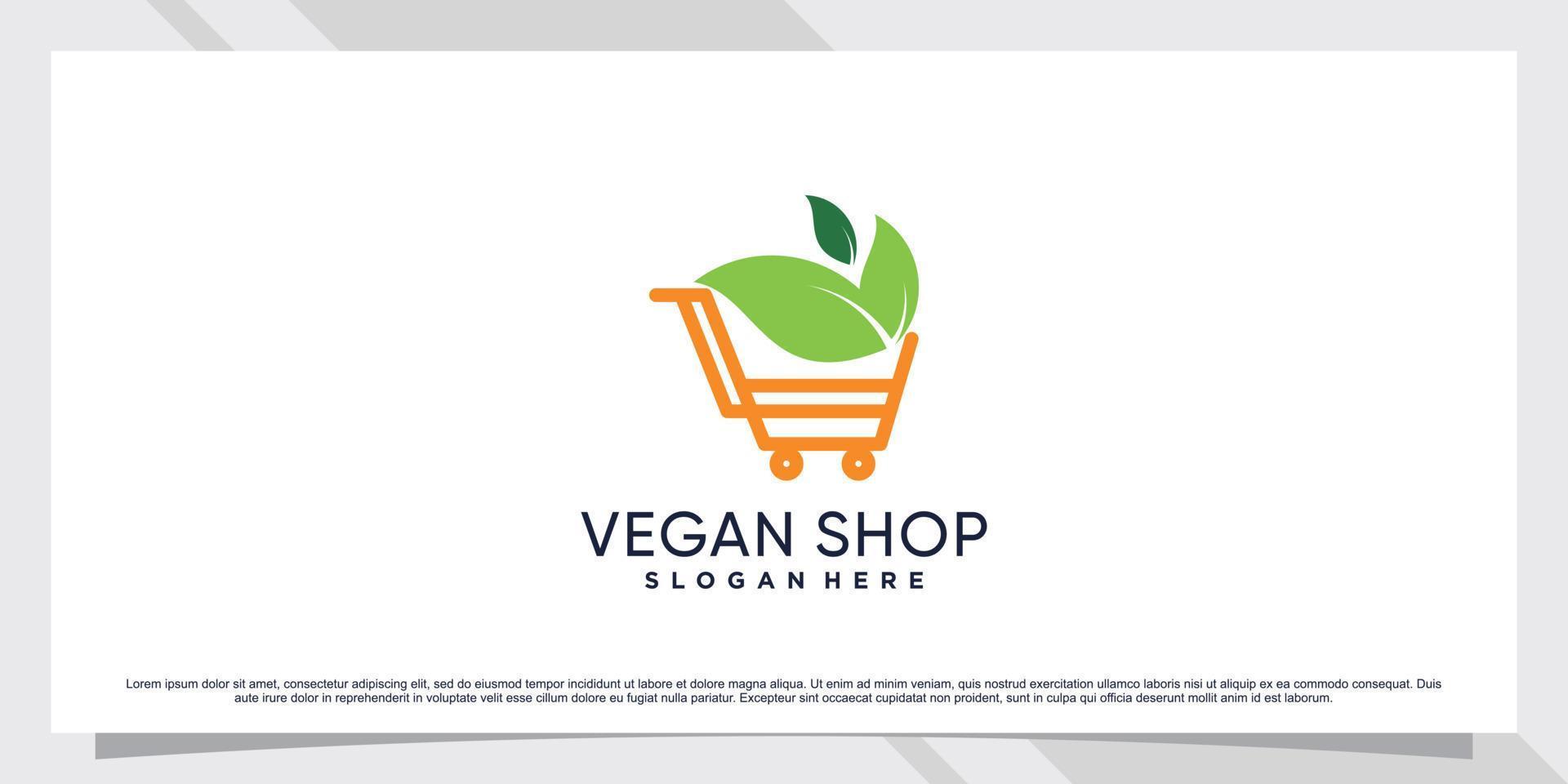 design del logo del negozio vegano con elemento foglia e concetto creativo vettore