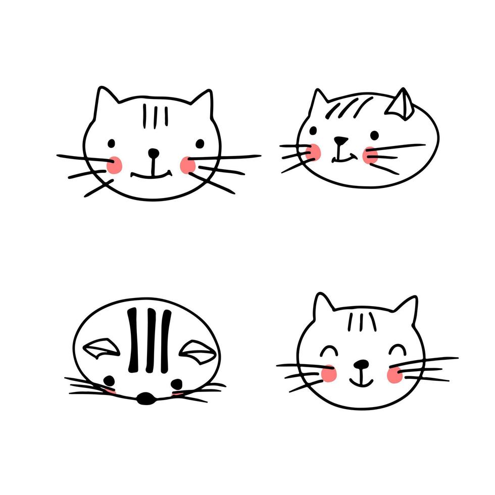 collezione di facce di gatto in carino stile doodle. avatar di animali divertenti con diverse emozioni. Illustrazione vettoriale su sfondo bianco.