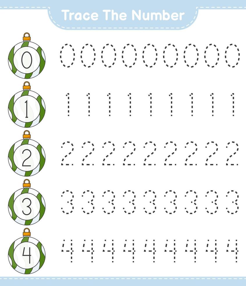 rintracciare il numero. numero di tracciamento con palla di natale. gioco educativo per bambini, foglio di lavoro stampabile, illustrazione vettoriale