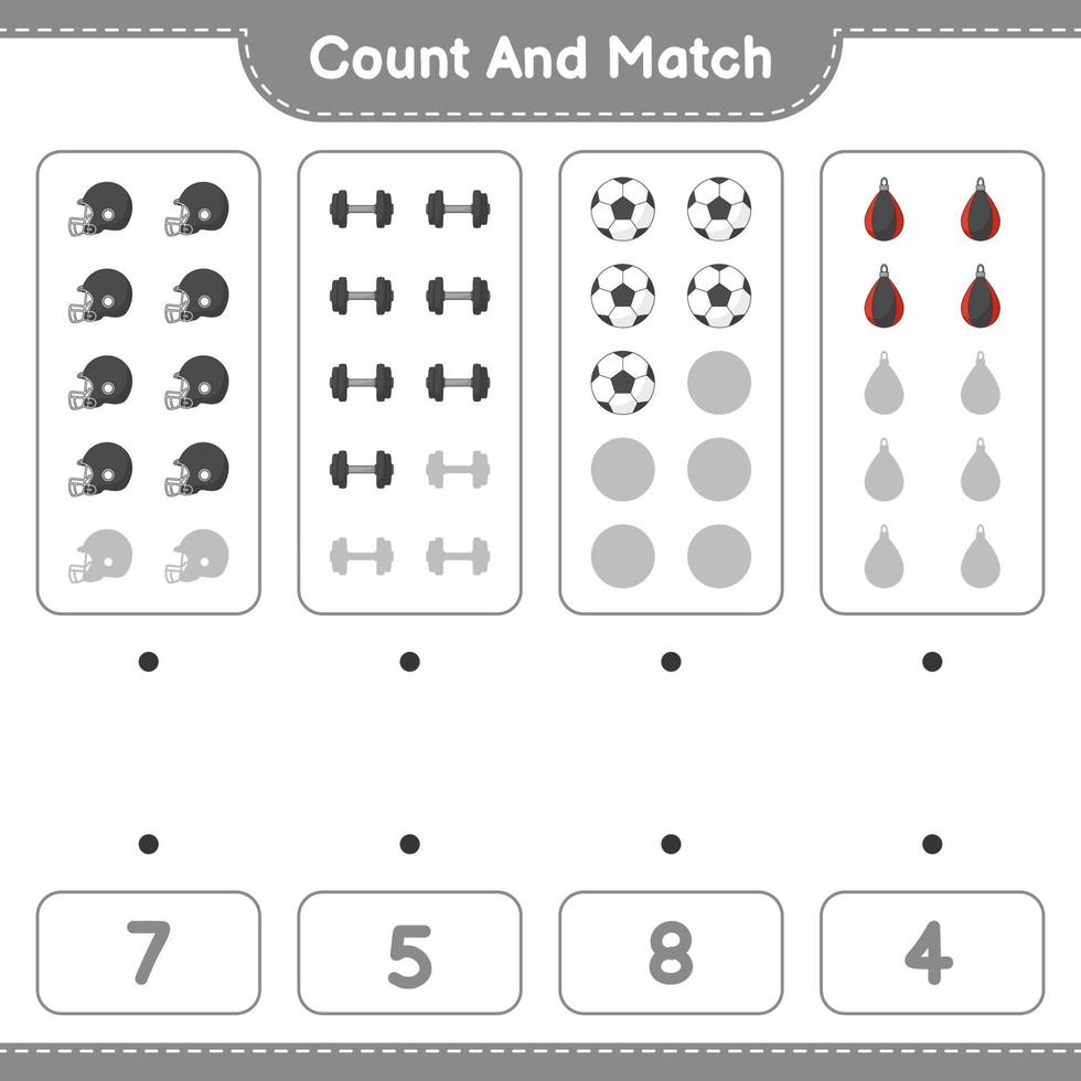 conta e abbina, conta il numero di pallone da calcio, casco da football, manubri, sacco da boxe e abbina con i numeri giusti. gioco educativo per bambini, foglio di lavoro stampabile, illustrazione vettoriale