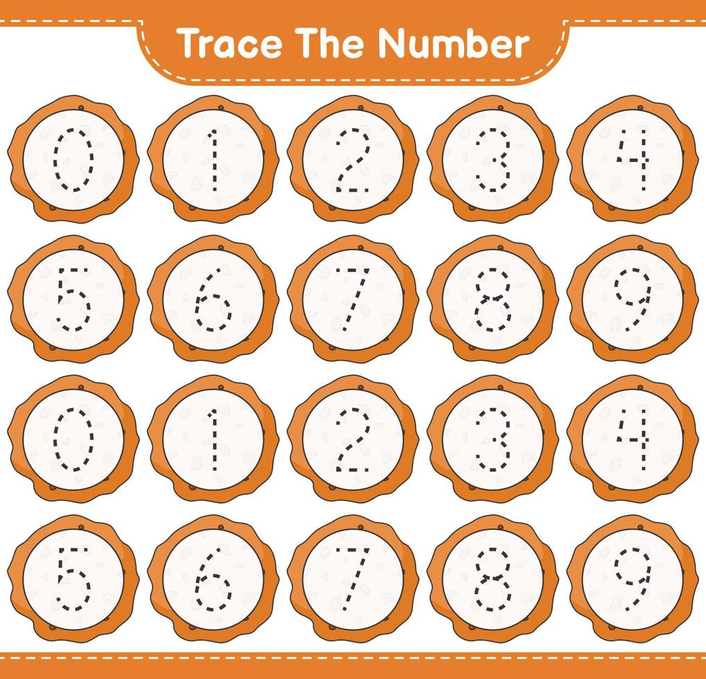 rintracciare il numero. numero di tracciamento con cookie. gioco educativo per bambini, foglio di lavoro stampabile, illustrazione vettoriale