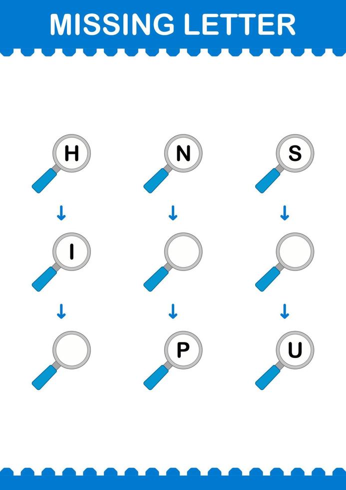 lettera mancante con lente d'ingrandimento. foglio di lavoro per bambini vettore