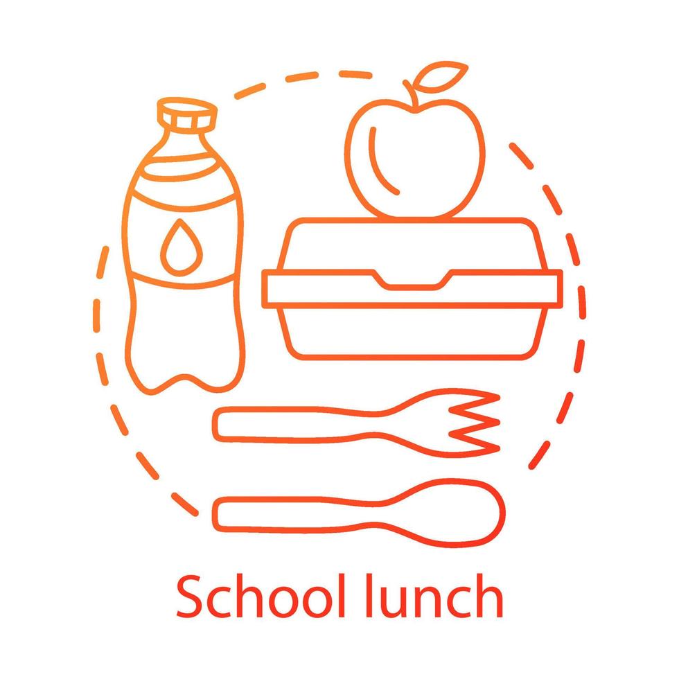 mensa scolastica, icona del concetto di pranzo. illustrazione di linea sottile di idea di pubblicità di catering. bottiglia di latte, pranzo al sacco, mela e posate di plastica vettore isolato disegno del profilo. nutrizione degli studenti