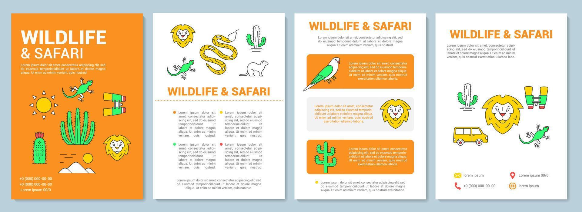 layout del modello di brochure di fauna selvatica e safari. volantino, opuscolo, design di stampa di volantini con illustrazioni lineari. esperienze di viaggio. layout di pagina vettoriali per riviste, relazioni annuali, manifesti pubblicitari