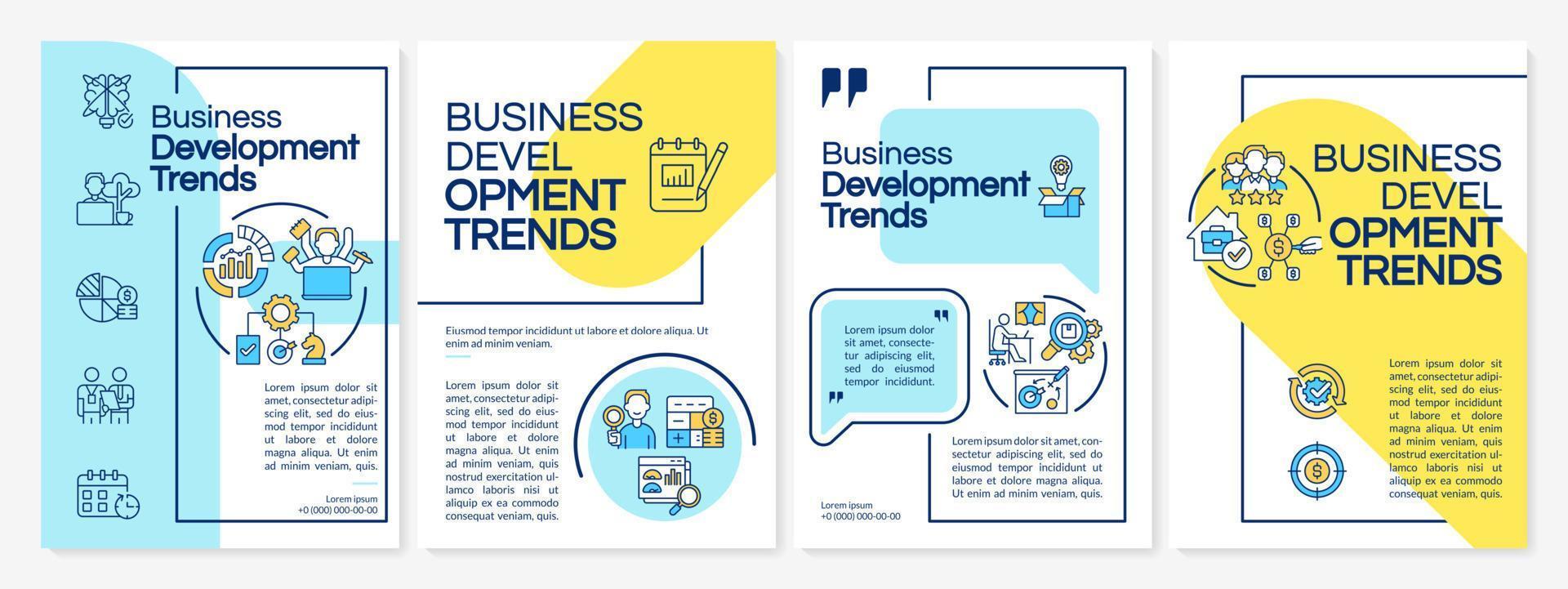 modello di brochure blu e giallo tendenze di sviluppo aziendale. design volantino con icone lineari. 4 layout vettoriali per la presentazione, relazioni annuali.
