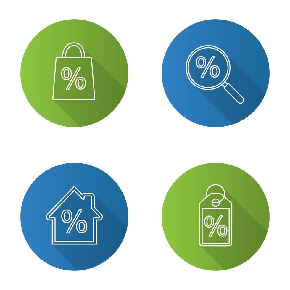 percentuali piatte lineare lunga ombra set di icone. vendita, ricerca sconti, mutuo casa, tag con percentuale. illustrazione del contorno vettoriale