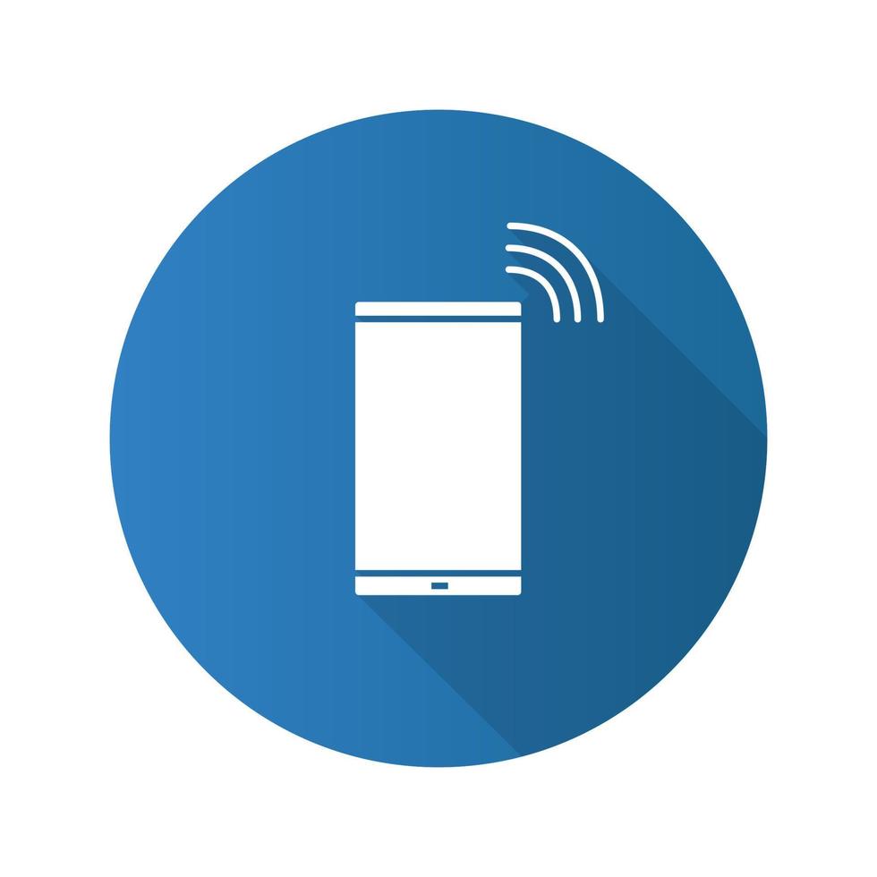 icona del glifo con ombra lunga design piatto smartphone chiamante o vibrante. cellulare. chiamata o messaggio in arrivo. illustrazione della siluetta di vettore