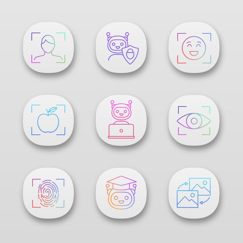 set di icone delle app di apprendimento automatico. intelligenza artificiale. chatbot, viso, retina, identificazione delle impronte digitali. interfaccia utente ui ux. applicazioni web o mobili. illustrazioni vettoriali isolate