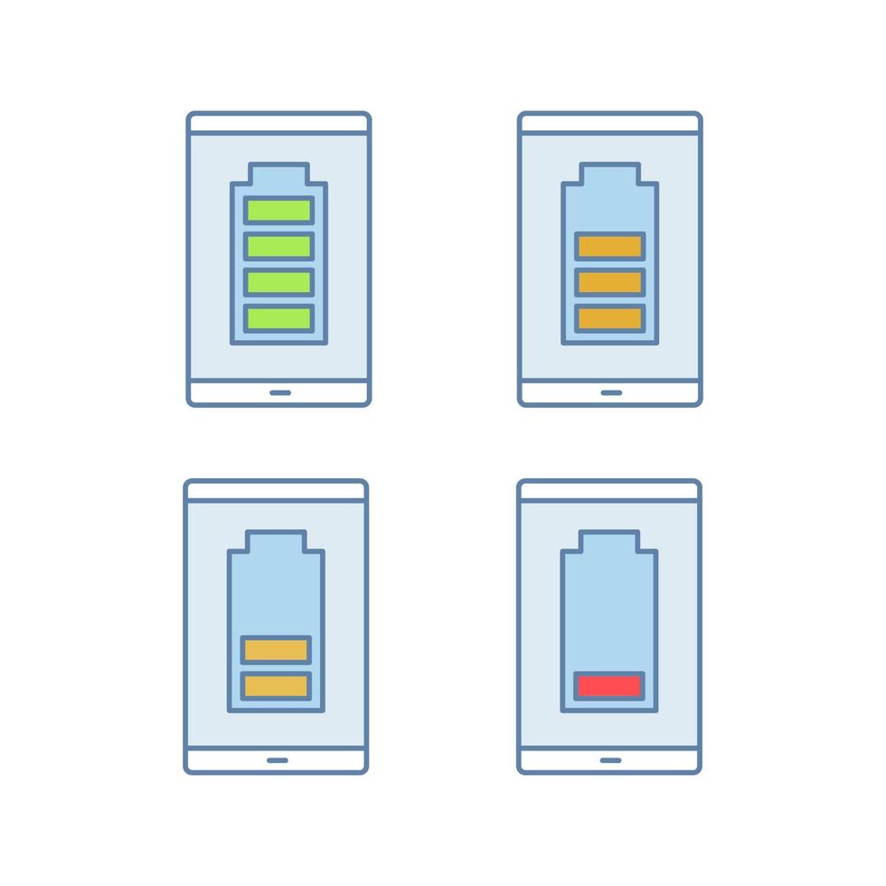 set di icone a colori per la ricarica della batteria dello smartphone. indicatore del livello della batteria del telefono cellulare. carica media, bassa e alta. illustrazioni vettoriali isolate