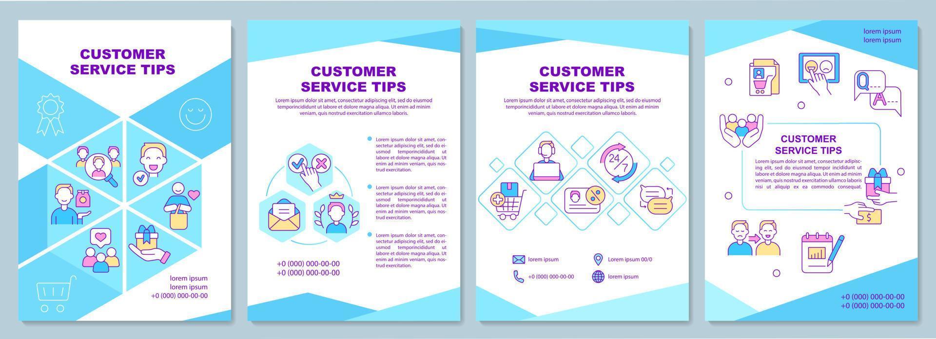 modello di brochure con suggerimenti per il servizio clienti. regole e principi. design per la stampa di opuscoli con icone lineari. layout vettoriali per presentazioni, relazioni annuali, annunci