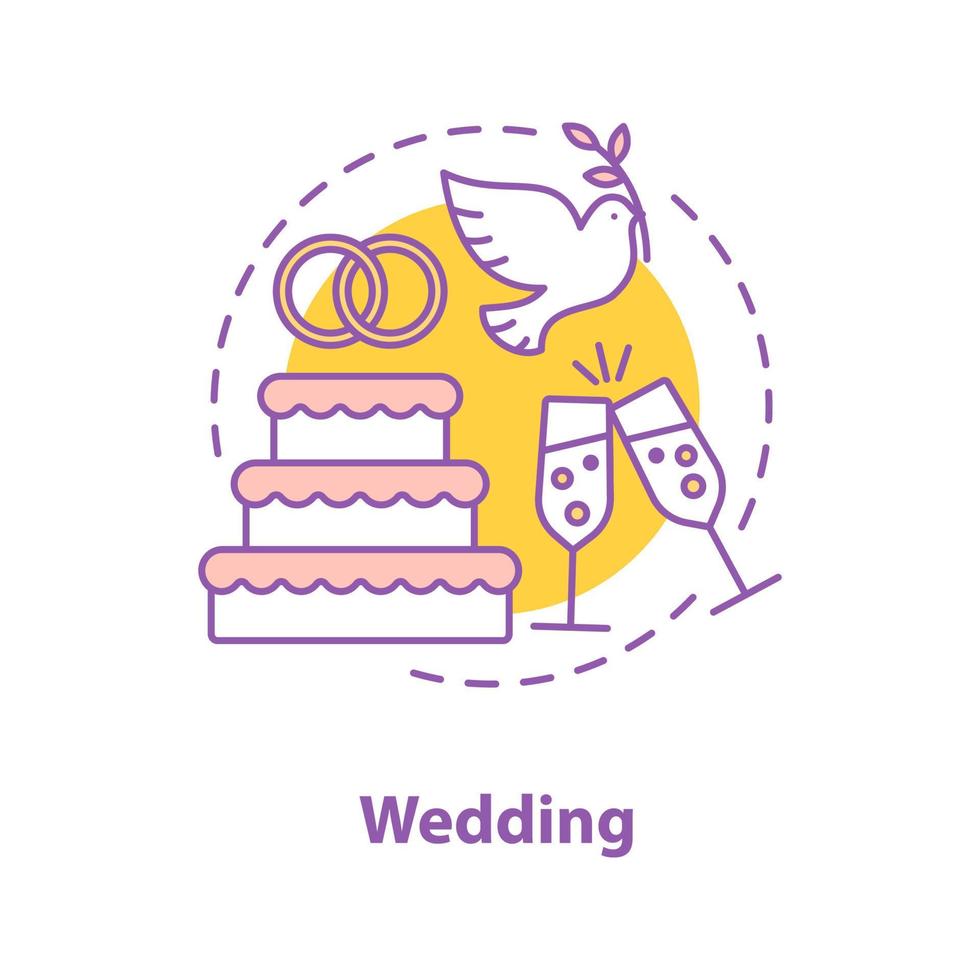 icona del concetto di matrimonio. illustrazione della linea sottile di idea di fidanzamento. celebrazione del matrimonio. champagne, torta nuziale, colomba. disegno vettoriale isolato contorno