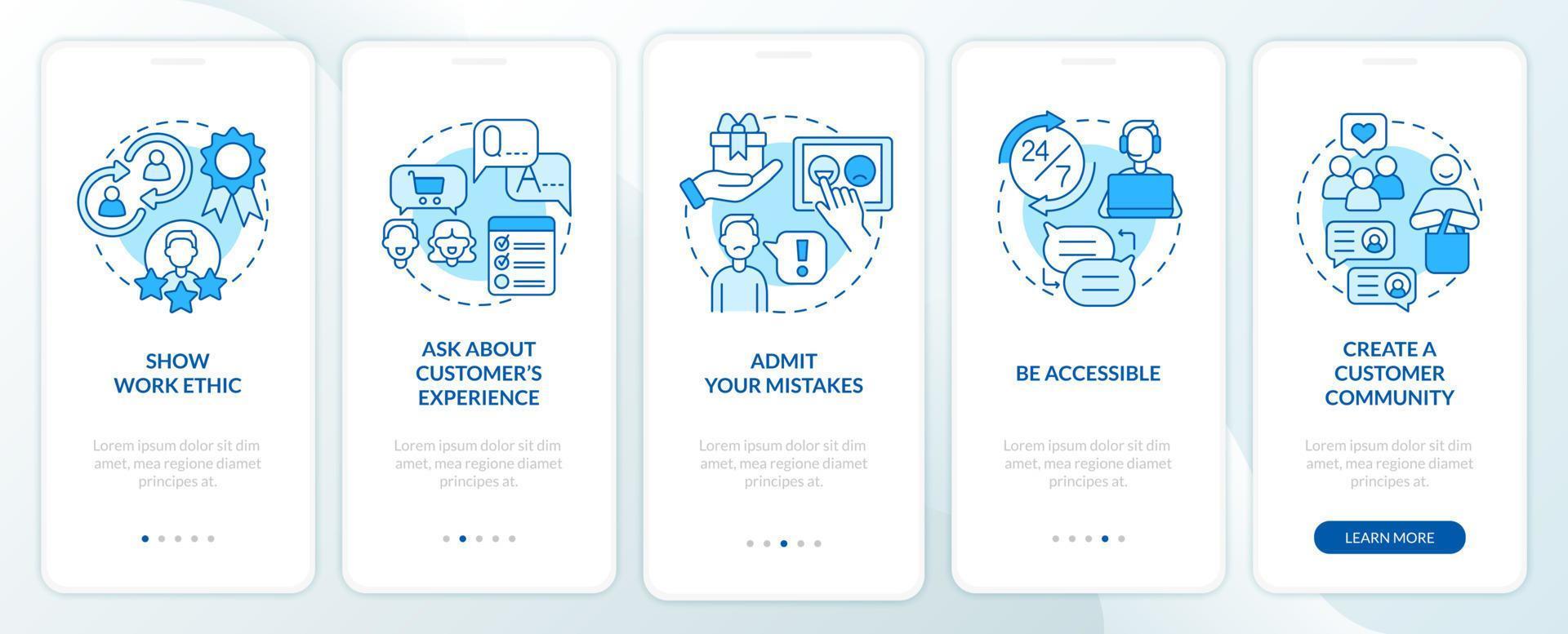 suggerimenti per il servizio clienti blu per l'onboarding dello schermo dell'app mobile. supporto etico procedura dettagliata 5 passaggi pagine di istruzioni grafiche con concetti lineari. ui, ux, modello gui vettore