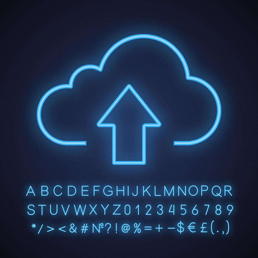 file di archiviazione cloud caricamento icona luce al neon. cloud computing. segno luminoso con alfabeto, numeri e simboli. illustrazione vettoriale isolato