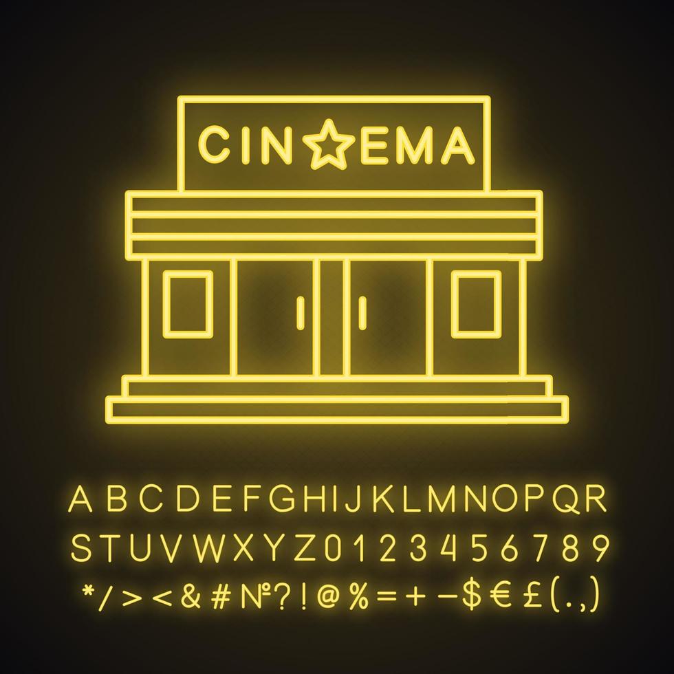 icona della luce al neon dell'edificio del cinema. segno luminoso con alfabeto, numeri e simboli. illustrazione vettoriale isolato