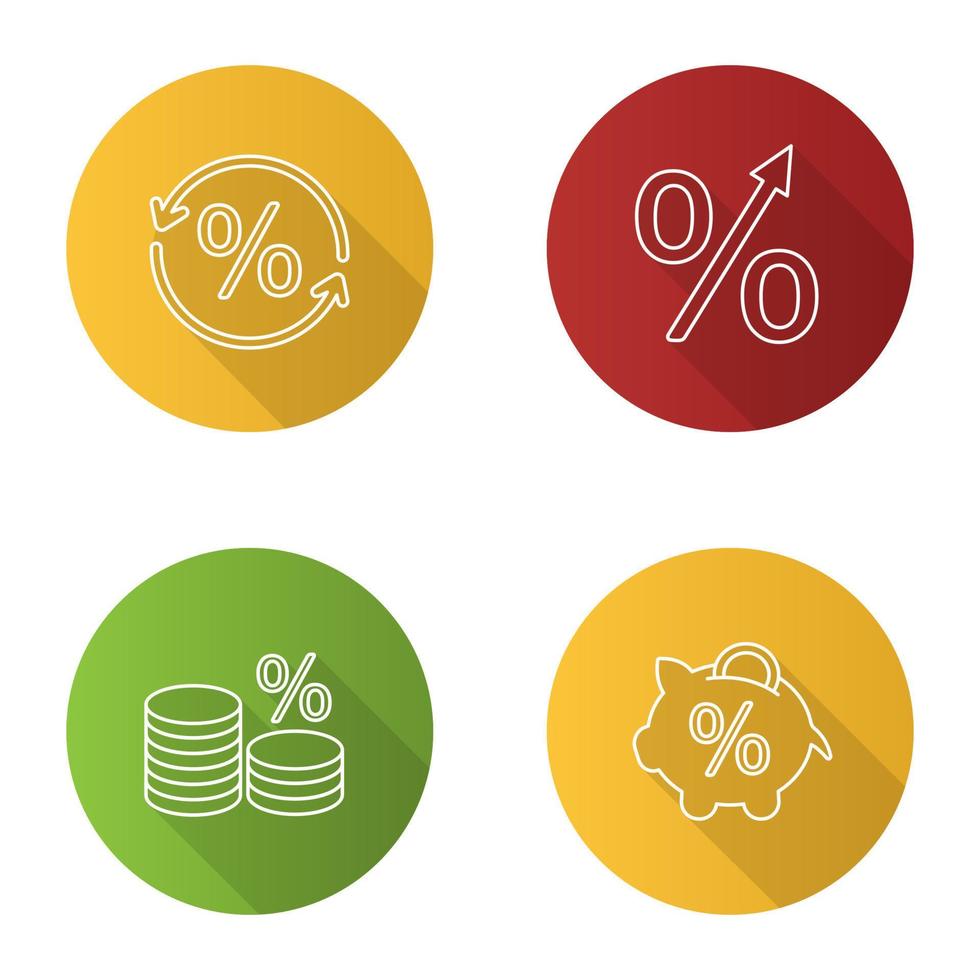 percentuali piatte lineare lunga ombra set di icone. aumento percentuale, salvadanaio, pila di monete, risparmio di denaro, conversione percentuale. illustrazione del contorno vettoriale