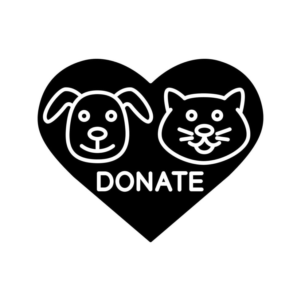 icona del glifo donazione per animali domestici. simbolo della sagoma. benessere degli animali. cuore con muso di gatto e cane all'interno. spazio negativo. illustrazione vettoriale isolato