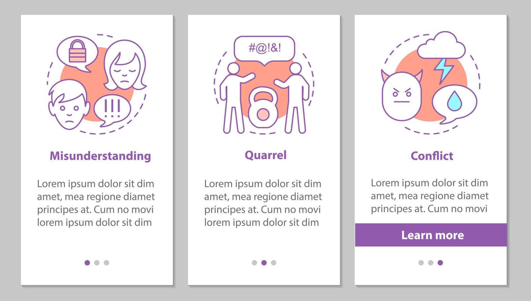 relazioni difficili che integrano la schermata della pagina dell'app mobile con concetti lineari. incomprensioni, litigi, conflitti istruzioni grafiche. ux, ui, modello vettoriale gui con illustrazioni