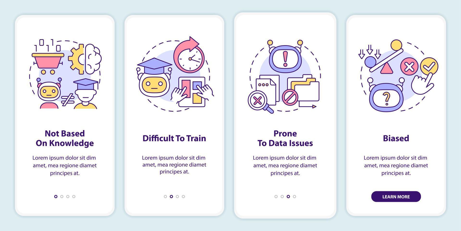 inconvenienti dell'onboarding dell'apprendimento automatico sullo schermo dell'app mobile. procedura dettagliata 4 passaggi pagine di istruzioni grafiche con concetti lineari. ui, ux, modello gui. vettore