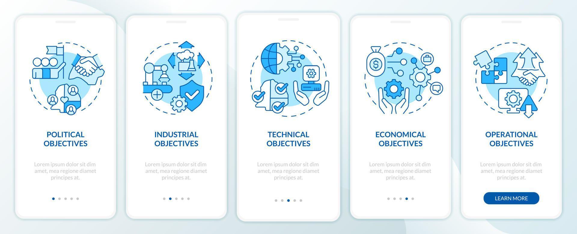 obiettivi di cooperazione mondiale schermata dell'app mobile di onboarding blu. obiettivi procedura dettagliata 5 passaggi istruzioni grafiche pagine con concetti lineari. ui, ux, modello gui. vettore