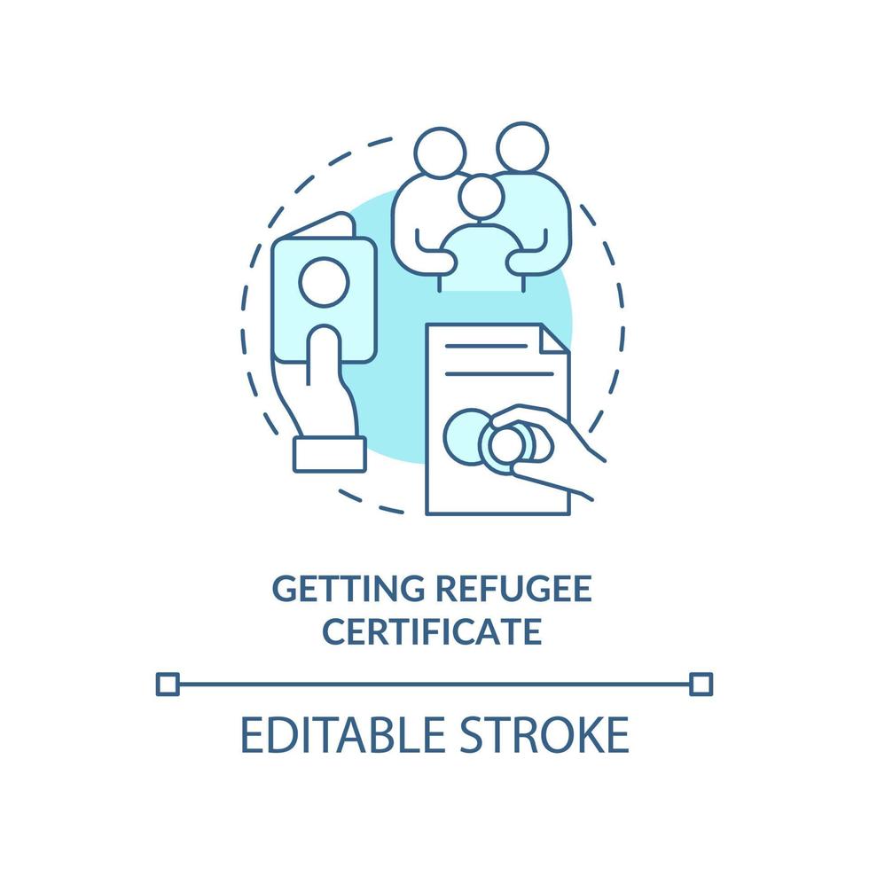 ottenere l'icona del concetto turchese del certificato di rifugiato. effetti personali e documenti idea astratta linea sottile illustrazione. disegno di contorno isolato. tratto modificabile. vettore