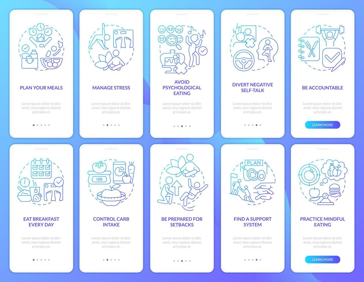 tendenze dietetiche set di schermate dell'app mobile per l'onboarding del gradiente blu. procedura dettagliata 5 passaggi pagine di istruzioni grafiche con concetti lineari. ui, ux, modello gui. vettore