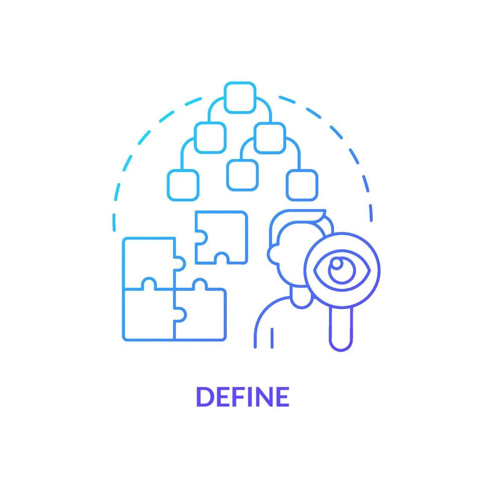 definire l'icona del concetto di sfumatura blu. analisi delle informazioni commerciali. design pensiero processo astratto idea linea sottile illustrazione. disegno di contorno isolato. vettore