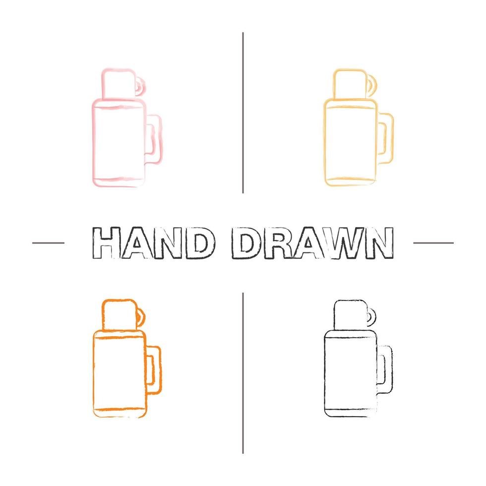 set di icone disegnate a mano thermos. bevanda calda. pennellata di colore. illustrazioni abbozzate vettoriali isolate